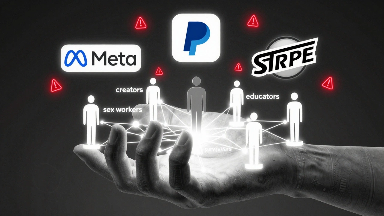 A giant algorithmic hand crushes connected figures labeled sex workers, while corporate logos float coldly above.