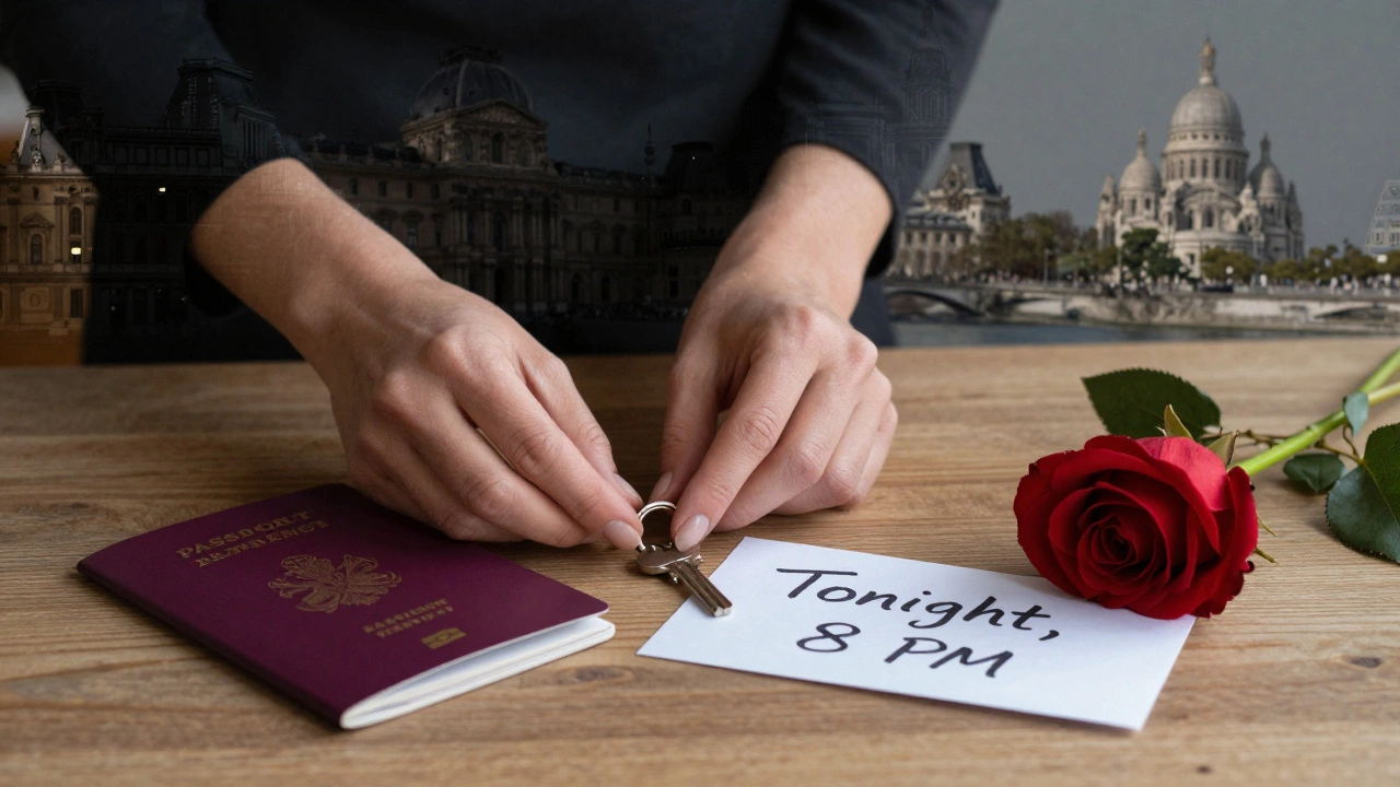 A woman's hands place a key, rose, and note on a wooden table, blurred Paris landmarks in background, symbolic of discreet companionship.