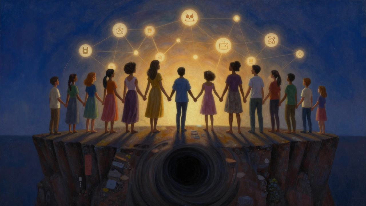 Diverse people hold hands on a digital cliff as their profiles vanish, while decentralized platforms glow in the distance.