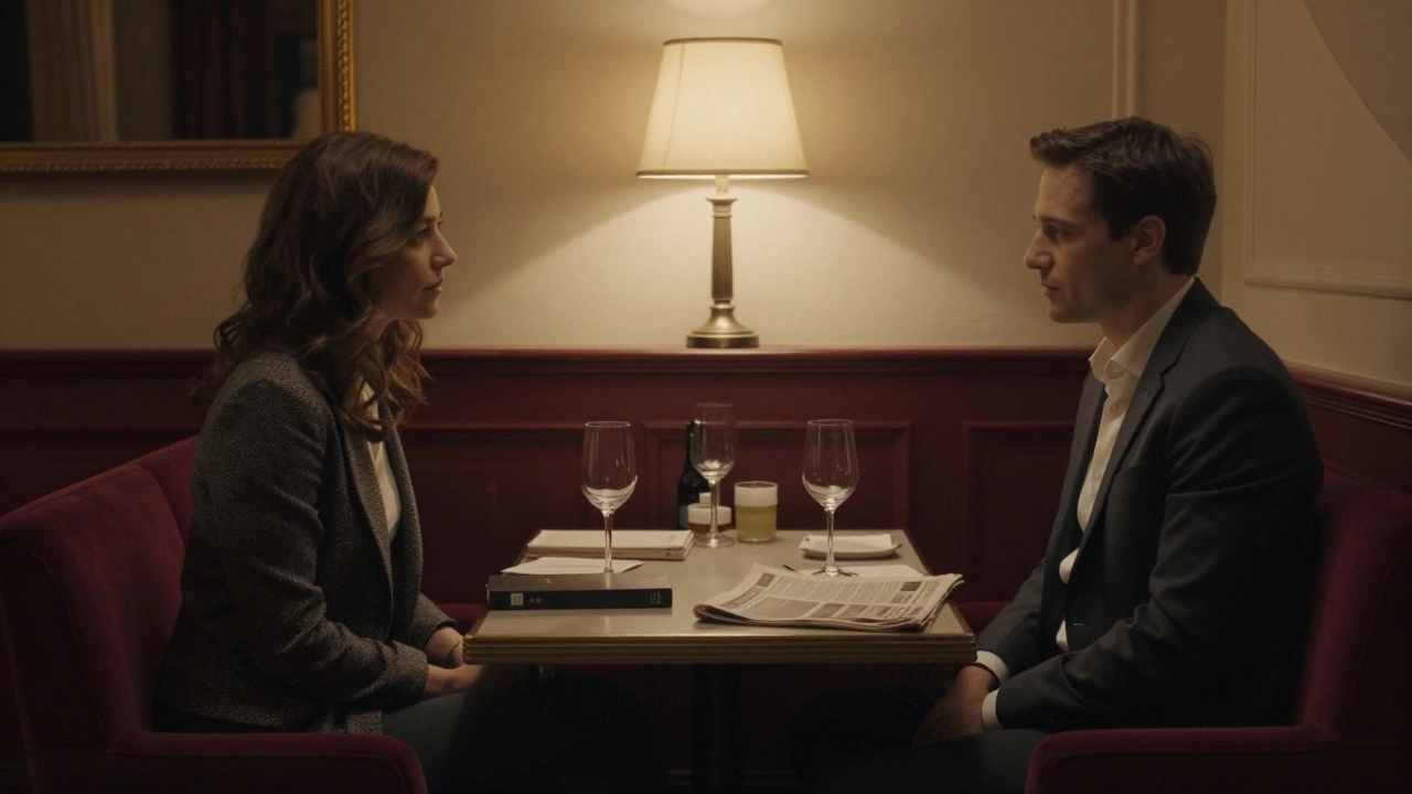 Two people sit quietly in a hotel lounge, sharing wine and conversation, warm lighting, no physical contact, serene atmosphere.